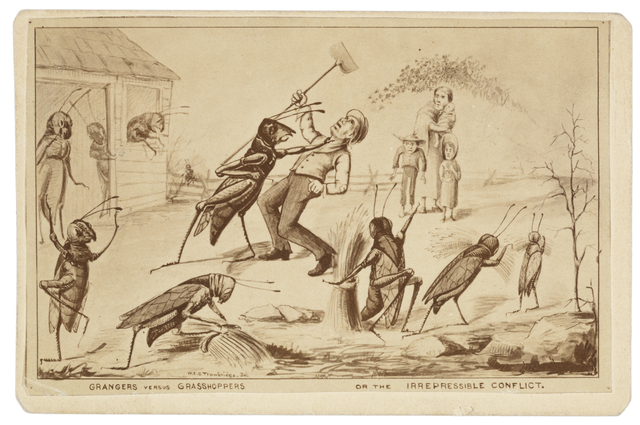 Cartoon of grasshoppers strangling farmer.