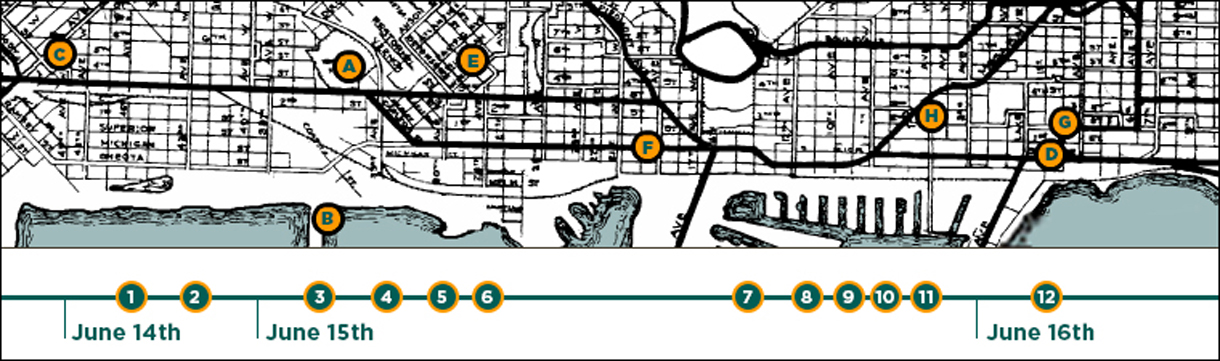 Locations of events on the map and timeline.