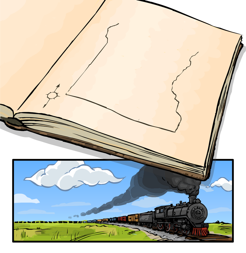 In his notebook, E.V. has sketched a map showing the expansion of railroads and the growth of towns.